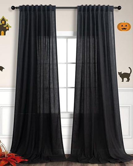 Pitalk Black Linen Curtains 90 Inches Long for Dining Room 2 Panels Pair Back Tab Pocket Modern Drapes Lace Muslin Textured Semi Sheer Curtains for Bedroom Gaming Dorm Office Wedding Party Decoration