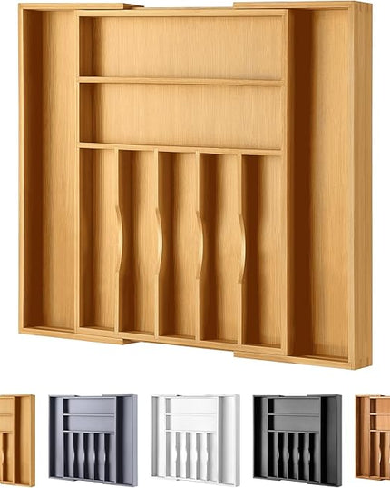 Large Premium Bamboo Silverware Organizer - Expandable Drawer Organizer & Utensil Organizer - 17"x19.7" Cutlery Tray with Dividers for Kitchen Utensils and Flatware (7-9 Slots) (Natural)