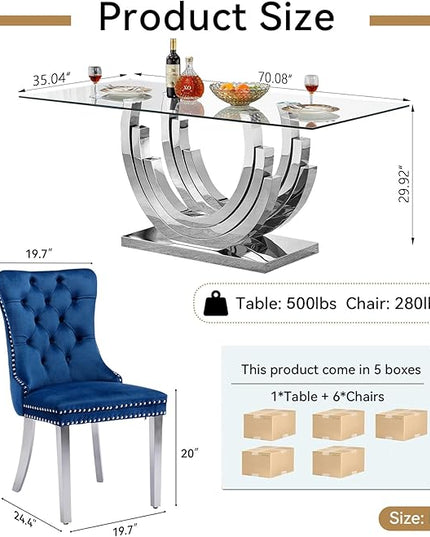 7-Piece Glass Dining Table Set with 6 Upholstered Dining Chairs, Large Dining Table and Chair Set for 6, Modern Glass Kitchen Table Furniture for Dining Room, U Shape and Stainless Steel Pesestal