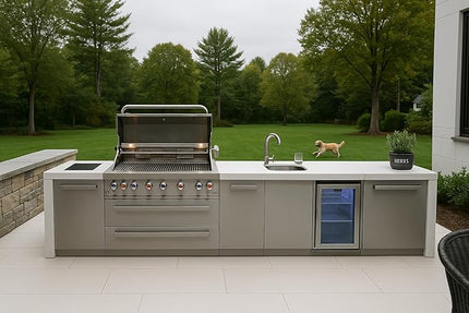 Mont Alpi MAi805-DBEVXL 6-Burner Premium Deluxe Stainless Steel Modular Outdoor Kitchen Island BBQ Gas Grill and Beverage Center + Wine Cooler Refrigerator + Granite Countertops + Infrared Side Burner