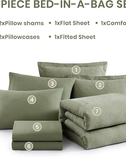 Monbix Full Size Comforter Set, Sage Green Bedding Comforter for Full Size Bed Set Reversible, Bedding Sets Full 7 Pieces, Cationic Dyeing Bed in a Bag with Comforter, Sheets, Pillowcases & Shams
