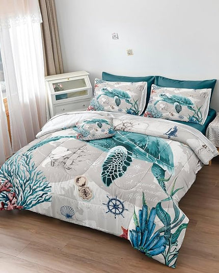 Bedbay 8 Pieces Nautical Comforter Retro Turtle California King Comforter Set with Sheets Ocean Turtle Bedding Bed in a Bag Coastal Bedding Comforter Cal King Bed Set Ocean