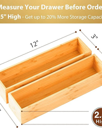 Umilife Bamboo Kitchen Drawer Organizer, Extra High Silverware Tray, Flatware Cutlery Storage Box, Multi-Use Holder in Office, Bathroom, Pantry - 12"x3"x2.5" (Set of 2)