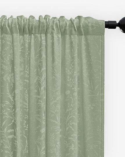 Anmao Sage Green Semi Sheer Light Filtering Curtains 54 Inches Long 2 Panels, Leaf Pattern Drapes for Living Room Bedroom, Rod Pocket Sheer Window Treatments with Floral Design, 52x54 Inch