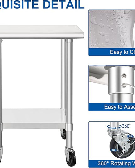 HARDURA Stainless Steel Commercial Table Prep & Work Table with Casters Heavy Duty Metal Table with Wheels NSF 430 18×30 Inches