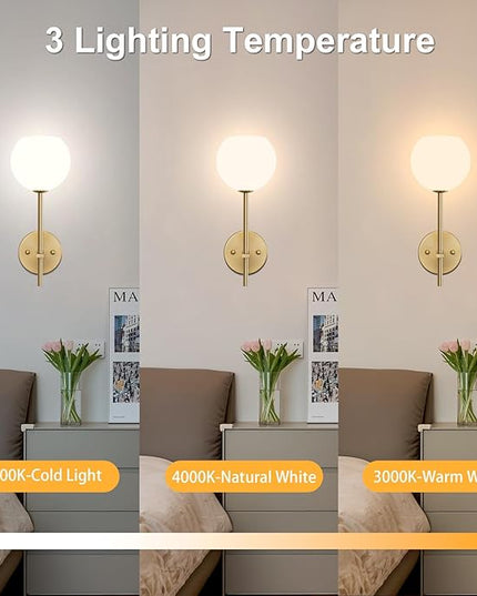 Gold Battery Operated Wall Sconces Set of 2, Rechargeable Wireless Wall Lights with Milky White Frosted Glass Shade, 12 RGB and 3CCT Dimmable, Wall Lamps with Remote for Bedroom Living Room Hallway