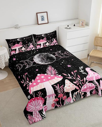 Mushroom Kids Comforter Set Full Size,Sun Moon Starry Sky Planet Romantic Bedding Set,Boys Girls Adults Room Decor,Plants Leaves Boho Trippy Down Comforter,Pink Dreamy Duvet Insert,2 Pillowcases