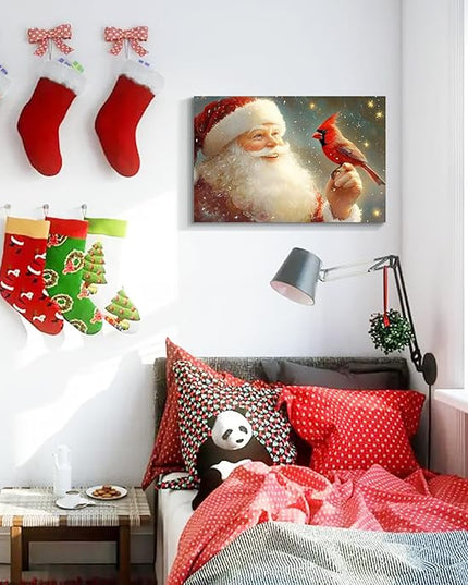 YONICA Christmas Wall Decor Santa Canvas Wall Art Home Decorations 16x12 Inches - Santa Pictures Cardinal Prints Winter Painting Xmas Artworks for Living Room Bedroom