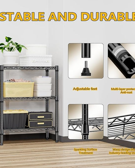 750 lbs 3 Tier Shelf Metal Storage Shelves Wire Rack Closet Organizers for Garage Kitchen Bathroom Laundry Black 11.8" D x 25.6" W x 31.5" H