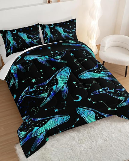 Whale Print Comforter Marine Life Bedding Set,Glowing Stars Moon Constellation Pattern Comforter Sets for Kids Boys Girls Room Decor,Cute Coastal Bedding Set Queen Size with 2 Pillowcases.