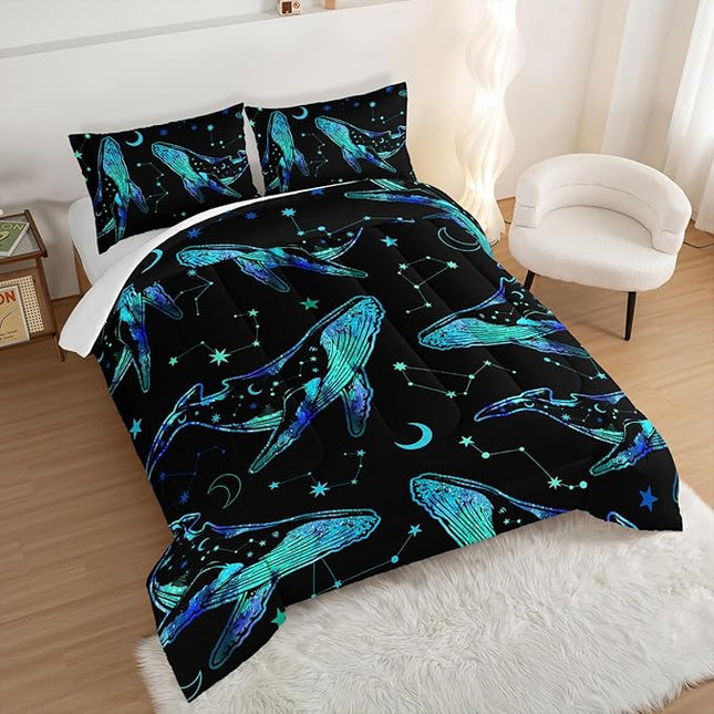 Whale Print Comforter Marine Life Bedding Set,Glowing Stars Moon Constellation Pattern Comforter Sets for Kids Boys Girls Room Decor,Cute Coastal Bedding Set King Size with 2 Pillowcases.