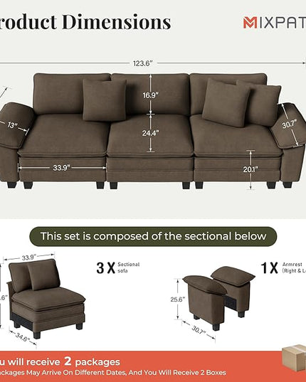 123" Cloud Modular Sectional Sofa, 3-Seater w/Deep Seat & Removable Arms, Plush Chenille for Living Room - Taupe