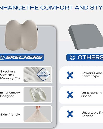 Skechers Seat Cushion, Ergonomic Memory Foam Cushion for Long Sitting Hours on Office & Home Chair, Car Seat Cushion for Sciatica, Coccyx Cushion,Beige