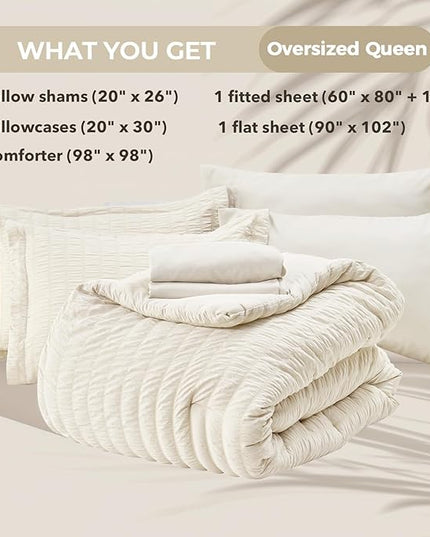 HYMOKEGE Ivory Oversized Queen Comforter Set Seersucker 7 Pieces, All Season Luxury Bed in a Bag for Bedroom, Bedding Set with Comforter, Sheets, Pillowcases & Shams