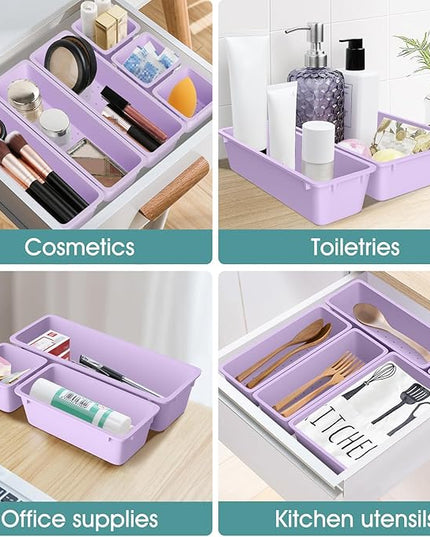 WOWBOX 25 PCS Plastic Drawer Organizer Set, 4 Sizes Desk Drawer Divider Organizers and Storage Bins for Makeup, Jewelry, Gadgets for Kitchen, Bedroom, Bathroom, Office, Purple