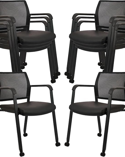 CLATINA Stacking Office Chair with Wheels, Mesh Back Waiting Room Guest Chairs with Arms Comfortable Leather Cushion Stackable Desk Chair for Conference Reception School Side Stationary, Black, 8 PK
