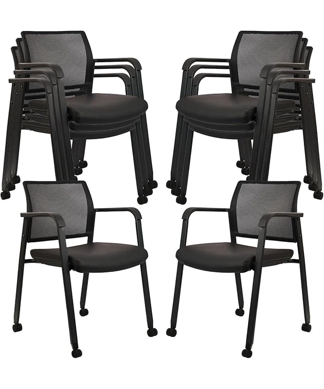 CLATINA Stacking Office Chair with Wheels, Mesh Back Waiting Room Guest Chairs with Arms Comfortable Leather Cushion Stackable Desk Chair for Conference Reception School Side Stationary, Black, 8 PK