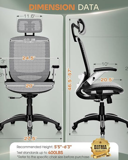 GABRYLLY Ergonomic Office Chair, High Back Home Desk Chair with Headrest, Flip-Up Arms, 90-120° Tilt Lock and Wide Cushion, Big and Tall Mesh Chairs for Man Woman, Grey Task Chair