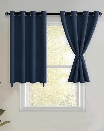 JIUZHEN Short Curtains Kitchen Half Window Blackout Curtains with Tiebacks for Baseroom Shadows, Grommet Curtains for Living Room, Set of 2 Window Curtain Panels, 52 x 36 Inch Length，Navy