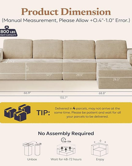 136" Cloud Sectional Couch, Left/Right Facing Convertible Sofa with Deep Seat, L-Shape Modular Upholstered Foam Couch for Living Room Bedroom, No Assembly Required (Corduroy Fabric, Beige)