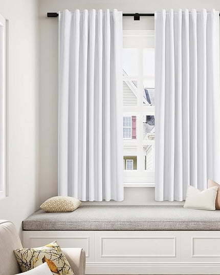 Guken White Linen Blackout Curtains 63 Inch Length 2 Panels Set for Living Room Bedroom Back Tab Thermal Insulated 100% Black Out Linen Drapes Room Darkening Window Curtains Pure White