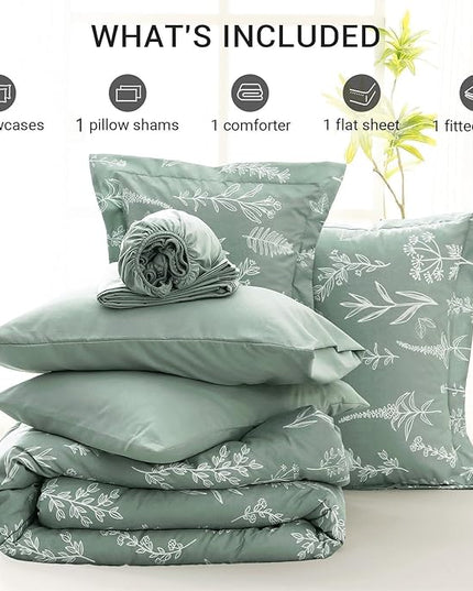 MUXHOMO Cal King Comforter Set, Sage Green Elegant Floral Print Bed in a Bag 7 Pieces, Ultra Soft & Breathable Reversible Botanical Pattern Bedding Set with Comforter, Sheets, Pillowcases, and Shams