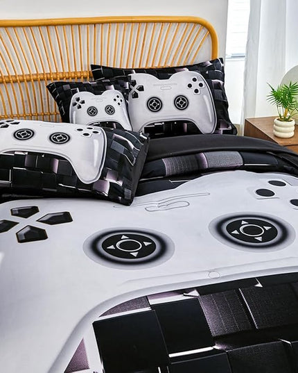 PERFEMET 6 Pcs Kids Bedding Sets for Boys Twin Size Black White Gamer Comforter with Sheet Set Soft Fluffy Gaming Bed Set Lightweight Comfy Game Bed in A Bag for All Season(White, Twin)