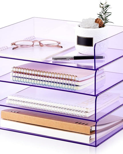 Harloon 4 Tier Acrylic Paper Tray 12.4 x 8.7 x 2.7 Inches Stackable Letter Clear Organizer No Need to Assemble Acrylic Paper File Organizer for Office Workspace Desktop Storage (Transparent Purple)