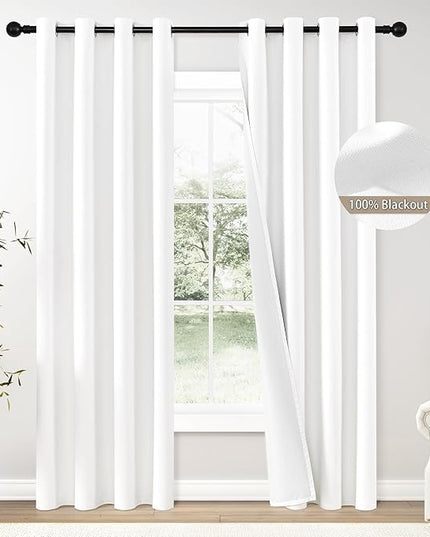 ChrisDowa 100% Blackout Pure White Solid Curtains 96 Inches Long 2 Panels for Bedroom Living Room,Farmhouse Room Darkening Thermal Insulated Soundproof Grommet Top Window Treatment Drapes,52x96