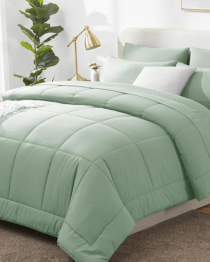 CozyLux Queen Comforter Set Sage Green, 7 Pieces Bed in a Bag, Green Comforter Queen Size, All Season Bedding Sets with Stitch Quilted Comforter, Flat Sheet, Fitted Sheet, Pillowcases