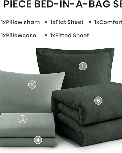 Monbix Twin XL Comforter Set Deep Forest, Cationic Dyeing Bedding Set Reversible 5 Pieces, All Season Bed in a Bag with Comforter, Sheets, Pillowcase & Sham