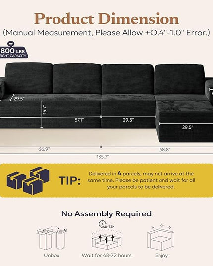 136" Cloud Sectional Couch, Left/Right Facing Convertible Sofa with Deep Seat, L-Shape Modular Upholstered Foam Couch for Living Room Bedroom, No Assembly Required (Corduroy Fabric, Black)