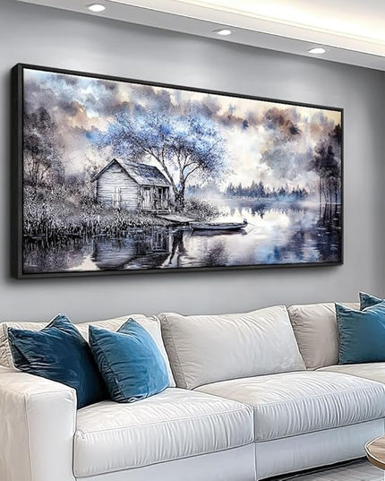 ERQINHUA Large Wall Art For Living Room Canvas Home Wall Decor For Office Bedroom Dining Room Wall Pictures Blue Tree Lakeside Landscape Painting Modern Art Print Beach Posters 24"x48" Black Frame