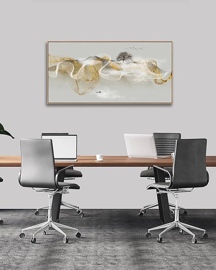 HUADAOART Wall Art Modern Zen Light Luxury Natural Landscape with Golden and White lines Background Wall Decor Canvas Prints for Living Room Bedroom 20x40 Inches (Framed)