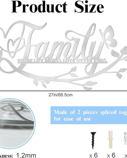 Family Where Life Begins Love Never Ends Word Sign Metal Wall Decor, Silver Home Decor Wall Art Decorations, Letters Quotes Sign for Living Room Bedroom Kitchen Indoor Outdoor Decor(28 x 13in)
