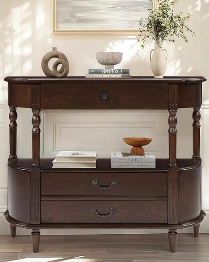 HMFULE Solid Wood Retro Curved Console Table, 43" Half Moon Console Table Sofa Table Entryway Table with 3 Drawers Open Shelf Pine Roman Legs Curved Corners for Living Room,Entryway,Hallway,Espresso