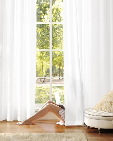 Anmao Non-See-Through Bright White Privacy Semi Sheer Curtains for Living Room 96 Inch Length 2 Panels Set, Light Filtering That Let Light In Rod Pocket Window Drapes for Bedroom, 52W x 96L,Pure White