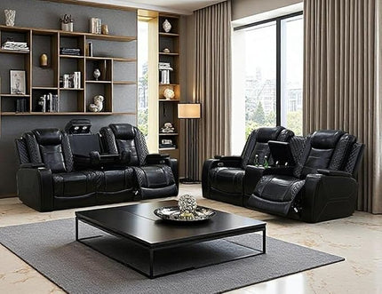 Power Recliner Sofa and Loveseat Set, Black Leather Reclining Sofa Sectional Couches with Drop-Down Table, Living Room Furniture, Reclining Sofa with Cup Holders/Storage Console for House