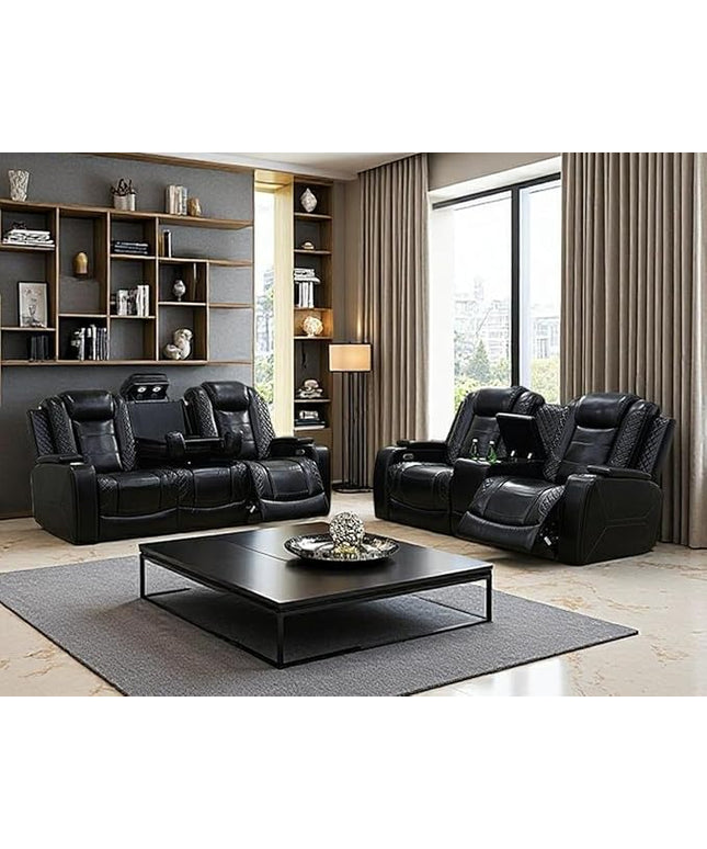 Power Recliner Sofa and Loveseat Set, Black Leather Reclining Sofa Sectional Couches with Drop-Down Table, Living Room Furniture, Reclining Sofa with Cup Holders/Storage Console for House