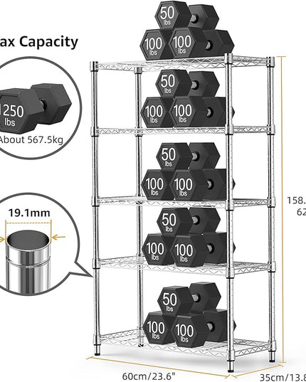 1250 lbs Steel Heavy Duty 5-Tier Utility Shelving Unit Steel Organizer Wire Rack for Home,Kitchen,Office,Chrome (13.7" D x 23.6" W x 62.4" H)