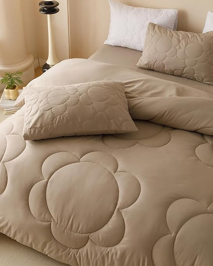 Luxlovery Khaki Comforter Set King Cream Coffee Sunflower Bedding Comforter Dark Champagne Bedding Comforter Set Boho Farmhouse Mocha Quilted Soft Breathable Bedding Set King Size