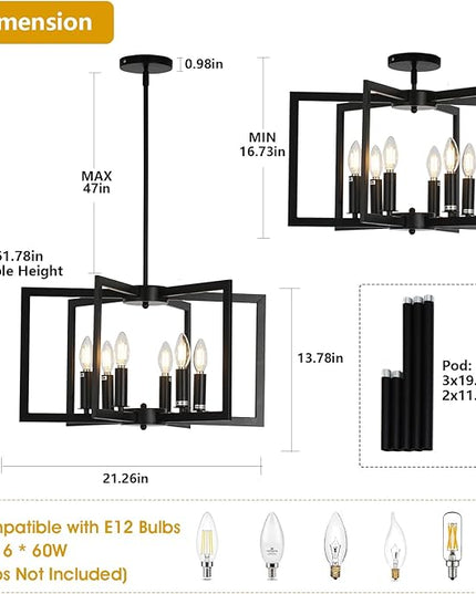 6-Light Black Chandelier, Modern Geometric Dining Room Light Fixture, 21 Inch Industrial Metal Chandelier for Farmhouse Living Room Entryway Kitchen