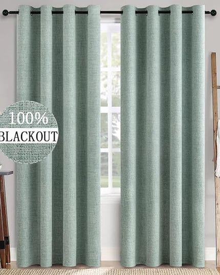 MIULEE Linen Texture 90 Inches Curtains for Bedroom 100% Blackout Thermal Insulated Seafoam Green Curtains Grommet Room Darkening Drapes for Living Room Nursery 52x90 Inch (2 Panels)
