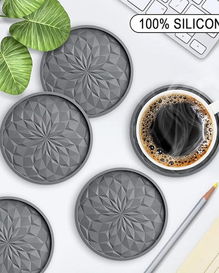 ME.FAN Silicone Coasters with Holder,[6 Pack] Drinking Coasters - Cup Mat for Hot or Cold Drinks, Thickened, Non-Slip, Non-stick,Deep Tray Dark Grey