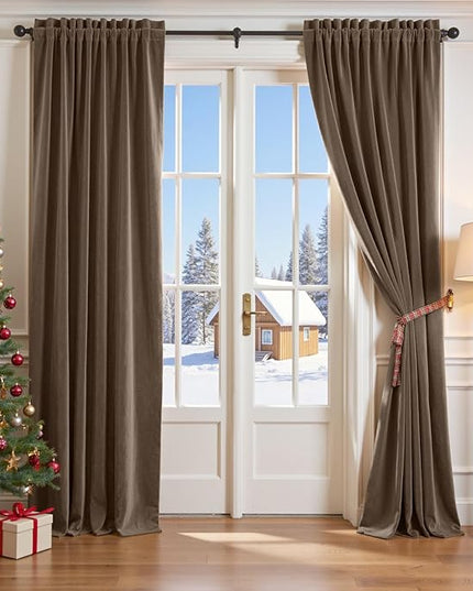 Lazzzy Velvet Blackout Curtains Thermal Insulated Room Window Drapes Super Soft Luxury Curtains for Living Room Bedroom Rod Pocket 2 Panels, Truffle, 52" W x 102" L