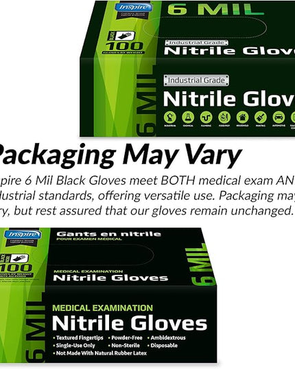 Inspire Black Nitrile Gloves HEAVY DUTY 6 Mil Nitrile Chemical Resistant Medical Cooking Cleaning Disposable Black Gloves