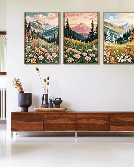 ANHUIB Colorful Landscape Wall Art 16x24 Inch Abstract Mountain Forest Wall Decor Wildflower Blossom Artwork Nature Scenery Painting Set of 3 for Living Room Bedroom Dining Room