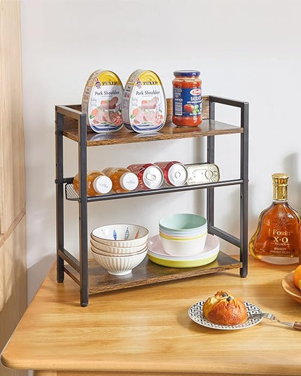 IBUYKE 3-Tier Spice Rack Industrial Counter Shelf Desktop Storage Organizer Standing Seasoning Rack for Countertop Kitchen Office Living Room Desktop Rustic Brown UTLJ021H
