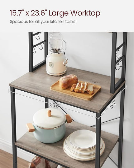 VASAGLE Coffee Bar, 23.6 Inches Baker's Rack for Kitchen with Storage, 6-Tier Kitchen Shelves with 6 Hooks, Microwave Stand, Industrial, Heather Greige and Ink Black UKKS024B02