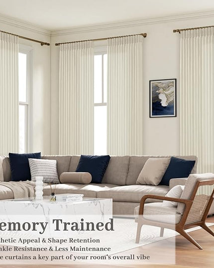 Pinch Pleated Curtains Light Filtering 90 Inch Long Drapes for Bedroom, Linen Pleat Curtain Beige Birch Textured 7-1/2 ft Length with Hooks Rings&Back Tab for Sliding Glass Doors 2 Panels Set